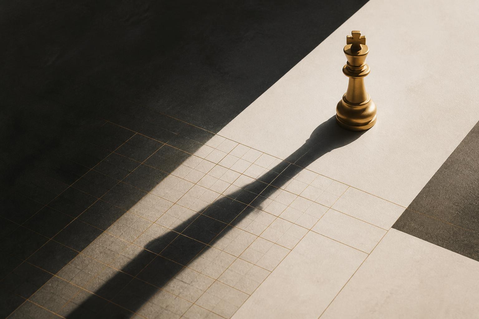 Tu plan no es una estrategia — pieza de ajedrez dorada proyectando una sombra que se transforma en un tablero de decisiones