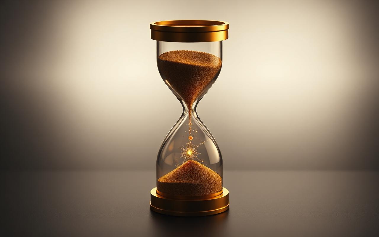 Tiempo vs energía — reloj de arena dorado cuyos granos se transforman en partículas de energía sobre fondo grafito